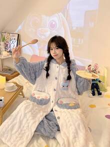 Women's Cute Oversized Rabbit Ear Hooded Plush Bathrobe Set, Colorblock Button-Front Long Robe With Matching Pants, Fluffy Cable Knit Texture Winter Loungewear, Suitable For Bedroom Relaxation, Reading, Watching TV, Ideal Holiday And Birthday Gift, Long Robe, Women's Clothing - Multicolor - View 1
