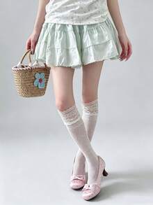 Lace Trim Mid-Calf Slouch Socks For Girls, Summer Thin Ice Silk Pearl Socks, Long Socks To Match Mary Jane Shoes - Multicolor - View 5