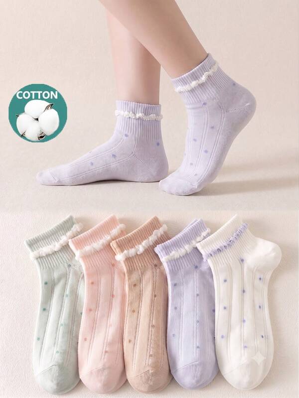 1/5 Pairs Women's Sweet Polka Dot Short Socks, Cotton Socks, Soft And Breathable, Personalized, Preppy Style, Suitable For Home, Commute, Holiday Gifts