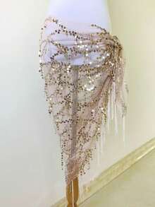 1pc Belly Dance Waist Chain, Practice Outfit Waist Scarf, Tassel Sequin Triangle Scarf, Versatile Waist Belt For Dance Beginners - Ten-line Towel - View 7