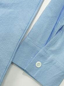 WAIT HIM Men's Henley Collar Plaid Long Sleeve Shirt - Blue and White - View 5