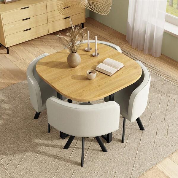 4-Seater Square Dining Table Set, 85*85cm Oak Effect MDF Tabletop With Metal Legs, 4 Beige Linen Fabric Upholstered Chairs, Space Saving Dining Furniture For Small Home Apartment Living Room