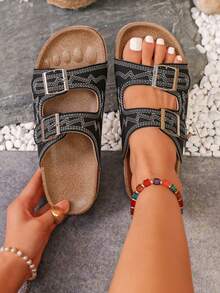 1 Pair New Summer Casual Women's Sandals, Fashionable Metal Buckle Double Strap Design Round Toe Open Toe Women's Slippers, Suitable For Party, Travel, Hotel, Apartment, Summer Street, Summer Sandals, Can Be Matched With Various Summer Outfits Women's Black Sandals - Black - View 1