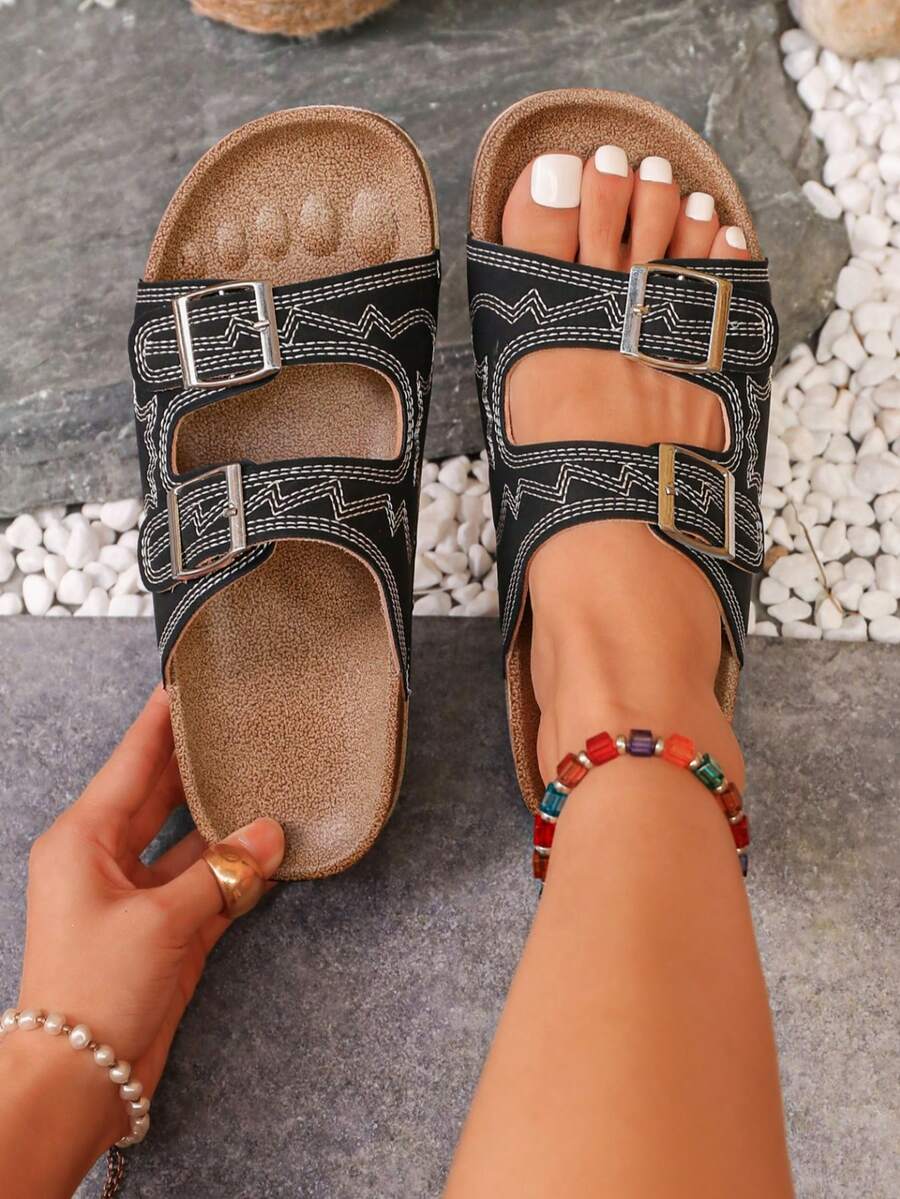 1 Pair New Summer Casual Women's Sandals, Fashionable Metal Buckle Double Strap Design Round Toe Open Toe Women's Slippers, Suitable For Party, Travel, Hotel, Apartment, Summer Street, Summer Sandals, Can Be Matched With Various Summer Outfits Women's Black Sandals - Black - View 1