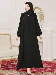 Bata árabe larga, holgada y modesta de unicolor con cuello redondo, digna y apropiada, color negro primaveral para mujer - Negro - Ver 2