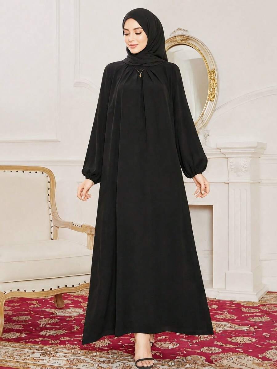 Bata árabe larga, holgada y modesta de unicolor con cuello redondo, digna y apropiada, color negro primaveral para mujer