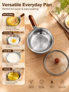 Stainless Steel Milk Pot With Anti-Scald Wooden Handle And Glass Lid, Multi-Functional Mini Cooking Pot For Heating Milk, Cooking Noodles, Baby Food, Portable Soup Pot For Dormitory Single Person, Holiday Single Person Small Pot - View 4