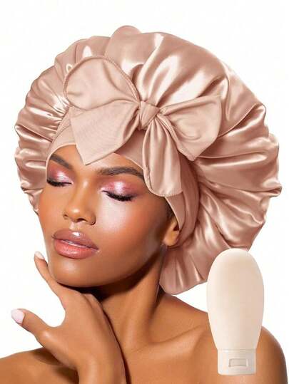 Satin Sleep Cap With Makeup Squeeze Bottle, Oversized Sleep Cap, Extra Long Ribbon Can Be Tied Into Soft Bow, Elastic Wide Band Night Hair Cover, Breathable Smooth Satin Hair Cap, Hair Care Cap, Wig Protection Cover, Suitable For Long Curly Hair, Women's Sleep Hair Cover, Night Hair Care, Home Hair Accessories, Elegant Sleep And Daily Hair Cover, Unisex, Comfortable Sleep Cap, Suitable For Bed, Travel, Work