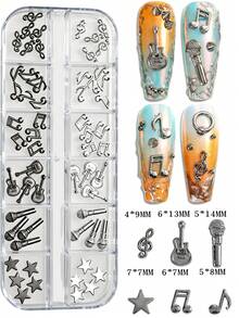 12 Grids Silvery/Golden Metal Music Note Nail Charms 3D Musical Symbol Guitar Nail Decoration Punk Microphone Star Accessories - Multicolor - View 11