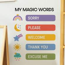 1件裝「My Magic Words」彩色禮儀教育牆貼，可移除自黏防水PVC貼紙，適用於臥室、客廳、教室、圖書館與居家裝飾 - 彩色 - 查看 2