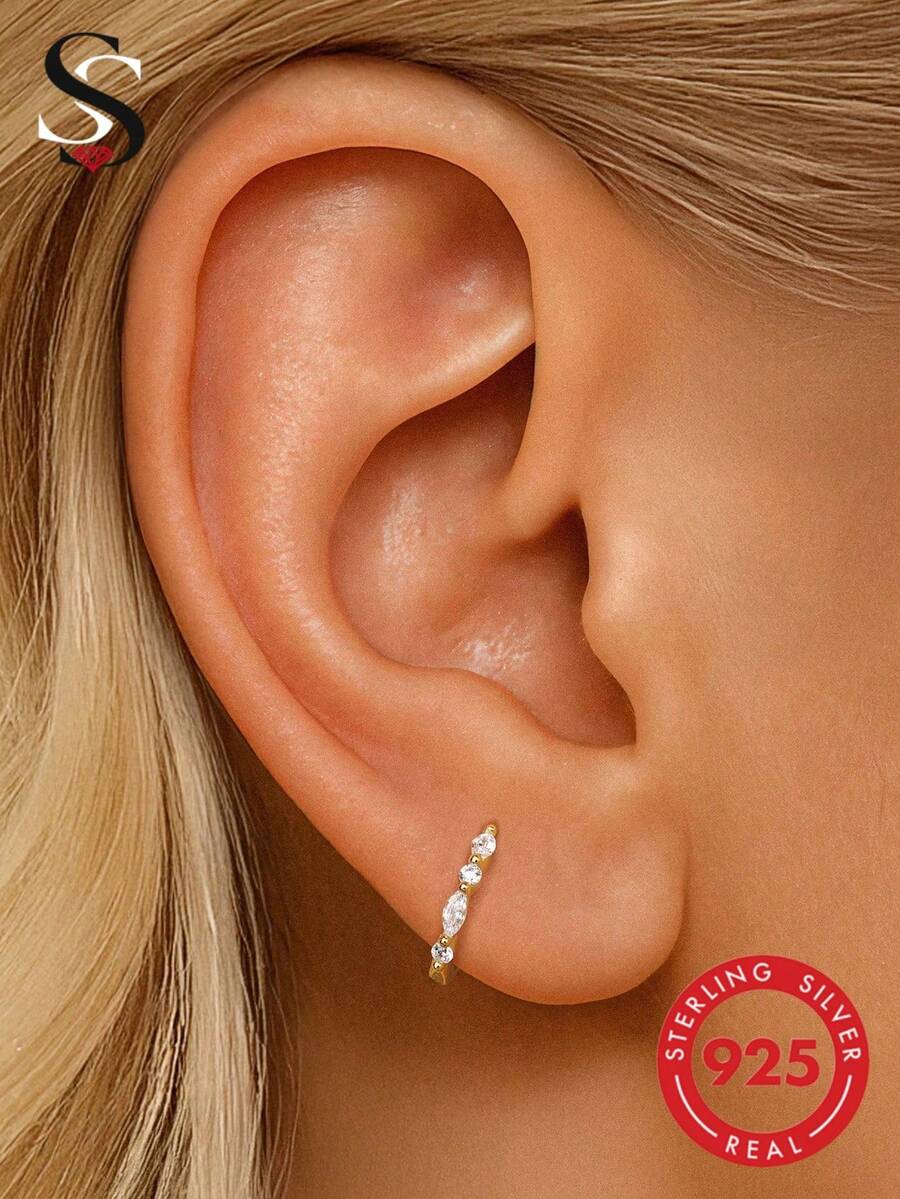 SereneSpark 1 pieza Pendientes asimétricos clásicos de plata de ley 925 con circonita cúbica, con baño de oro de 18K, adecuados para el uso diario de mujeres, bodas, fiestas, Día de San Valentín y otras ocasiones. - Dorado - Ver 1
