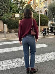 Women Fall Elegant Casual Red Knit Round Neck Button Up Long Sleeve Cardigan For Vacation Office Going Out - Dark Red - View 4