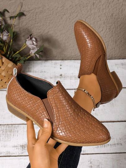 Elastic Gore Ankle Booties Woven Emboss Texture Adult Ladies Closed Toe Footwear For Commute Shopping Weekend Wear