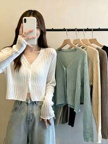 1 Black And White Apricot Green Thin Ruffle V-Neck Knit Cardigan Long Sleeve Sun Protection Shawl - Multicolor - View 10