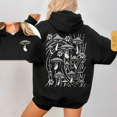 Groovy Mushroom Hoodie, Retro Cottagecore Sweatshirt, Boho Hippie Style Autumn Outfits Winter Clothes Ins-Style Vintage Easy Fresh Daily TrenOversized