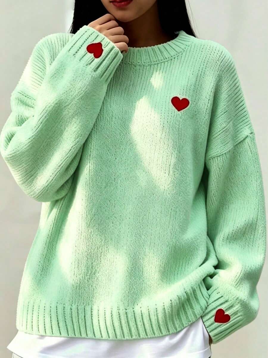 秋冬欧美简约休闲情人节情侣约会百搭爱心刺绣针织套头毛衣,大码女款 - 淺綠色 - 查看 1