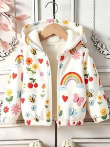 Young Girl Cartoon Print Warm Hooded Jacket - White - View 9
