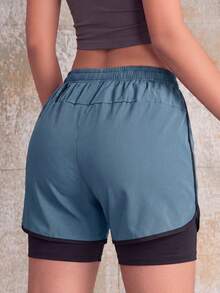 Knot & Curve 2合1內襯女款運動短褲，純色內襯2合1運動褲，彈性兩件套，適合跑步、運動、瑜伽、健身、健身訓練的夏季長褲 - 霧霾藍 - 查看 3