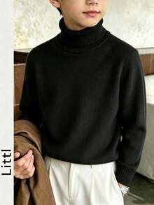 Boys' Pure Black High Neck Sweater, Soft Warm Knitted Pullover - Black - View 2