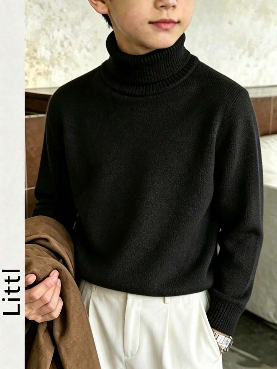 Boys' Pure Black High Neck Sweater, Soft Warm Knitted Pullover - Black - View 1