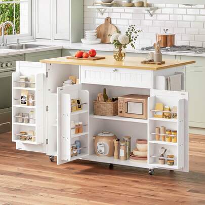 Mobile Kücheninsel Mit Klappbarer Arbeitsplatte, Küchenwagen, Bartisch, Mit Schublade Und Stauraumschrank, 3 Türablagen, 120 * 45 (70) * 92 Cm
