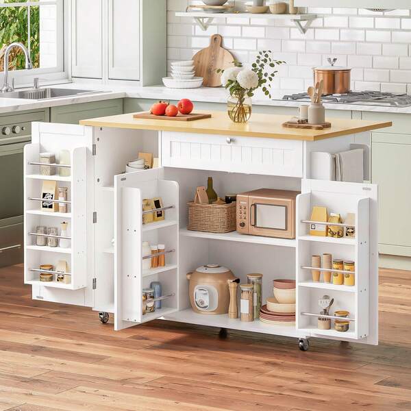 Mobile Kücheninsel Mit Klappbarer Arbeitsplatte, Küchenwagen, Bartisch, Mit Schublade Und Stauraumschrank, 3 Türablagen, 120 * 45 (70) * 92 Cm
