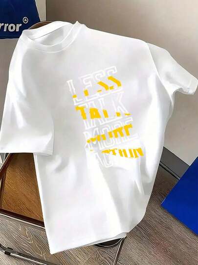 Camiseta de manga corta para hombre de talla grande, 100% algodón, con estampado "MENOS PALABRAS, MÁS ACCIÓN", cuello redondo, cómoda, casual, ideal para el verano El cosplay