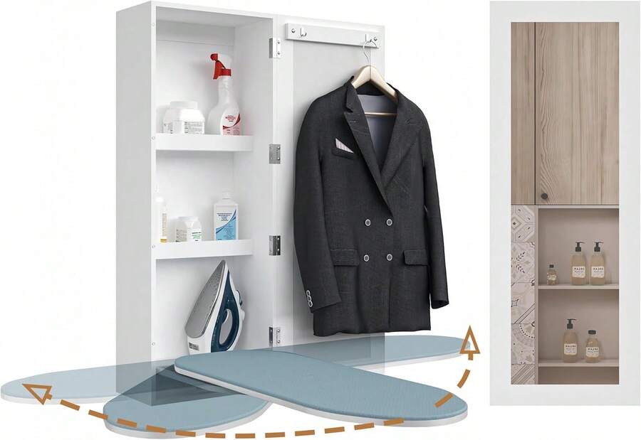 Rotation Wall Mounted Ironing Board With Storage Cabinet,Built In Ironing Board & Folding Support Frame, Wall-Mounted Mirrors For Home, Apartment & Small Spaces - 白色 - 查看 1