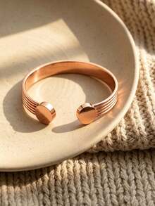 1pc Minimalist Solid Copper Bracelet With Magnetic Inserts, Adjustable Open Cuff Bangle, Stripe Design, Fashion Jewelry For Teens, Daily Wear - Multicolor - View 5