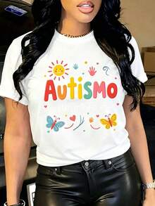 Camiseta gráfica femenina estampado mariposa autismo, corte informal, lavable aáquina - Negro - Ver 5