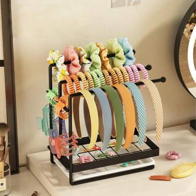 1pc 3-Tier Metal Hair Accessories Storage Rack, Detachable Jewelry Display Stand With Tray, Multi-Purpose Hairband Scrunchie Hair Claw Organizer For Vanity Desktop