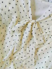 Blus Pelindung Matahari Motif Polkadot Hati Berkerut Gaya Prancis, Atasan Lengan Panjang Longgar dengan Pita dan Tali Pengikat - Aprikot - View 6