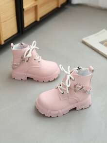 New Round Toe Children's Boots, Casual Retro Flat Ankle Boots For Girls, Non-Slip Wear-Resistant Big Kids Shoes, Punk Boots For Female Students - Pink - View 3