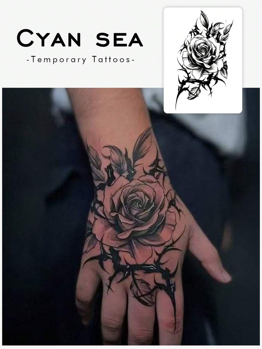 1件裝暗黑風黑白刺玫瑰花紋臨時紋身貼紙,逼真假紋身設計,適合日常使用、單身派對小禮、音樂節、Cosplay、畢業禮物,持效3-5天,萬聖節裝扮 - 黑色 - 查看 1