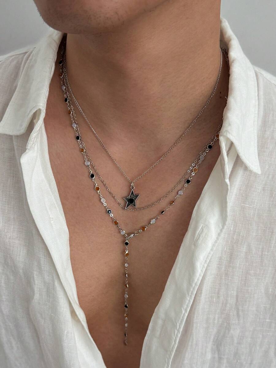 2pcs/Set Fashionable Personalized Multi-Layer Stackable Star Y-Shaped Necklace For Men, Vintage Silver Contrast Color Oil Drop Bead Chain, Niche Personalized Collarbone Chain Accessory