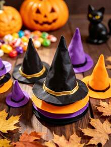 12/24Pcs Mini Halloween Witch Hats, Black Wizard Hats With Gold Trim, Small Decorative Accessories For Tabletop Decor, Pet Costumes, DIY Crafts And Party Decorations - Multiple Styles - View 2