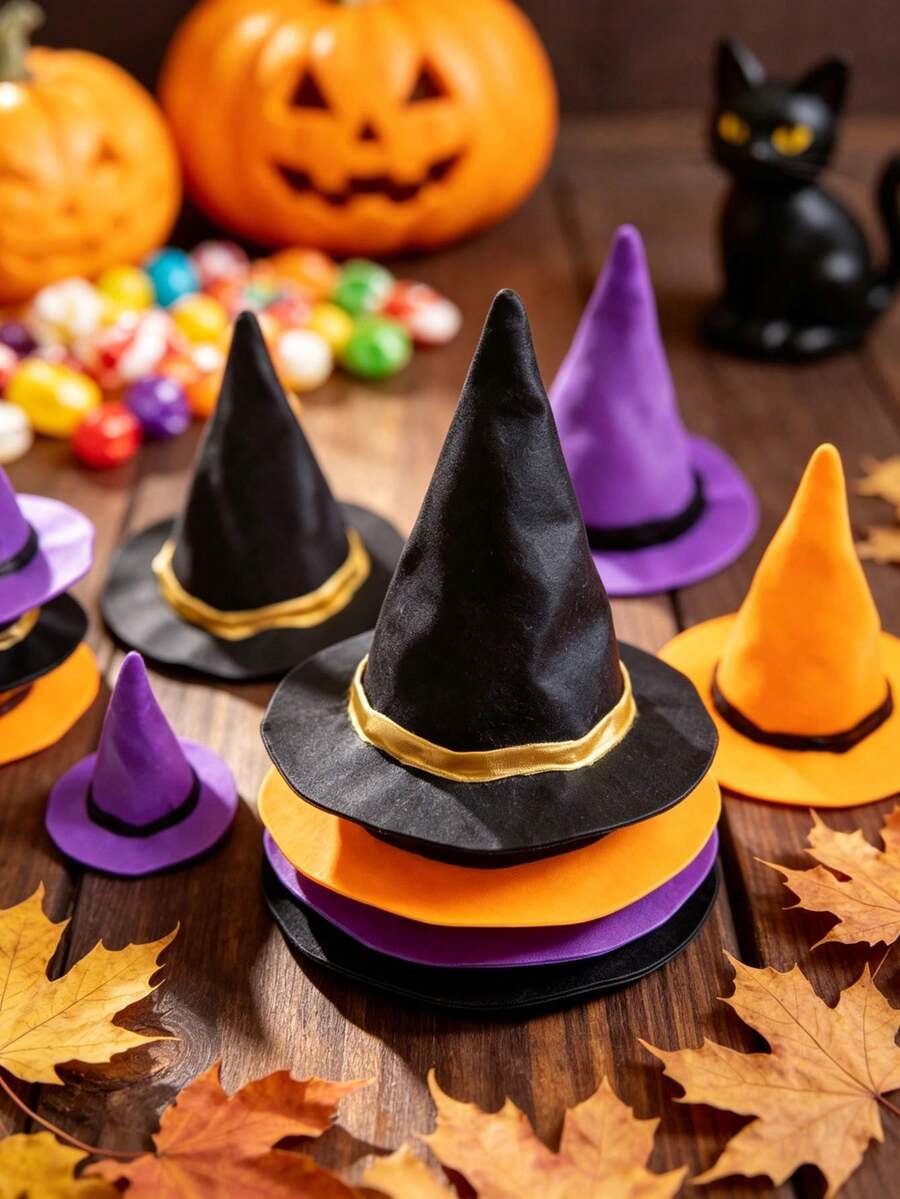12/24Pcs Mini Halloween Witch Hats, Black Wizard Hats With Gold Trim, Small Decorative Accessories For Tabletop Decor, Pet Costumes, DIY Crafts And Party Decorations