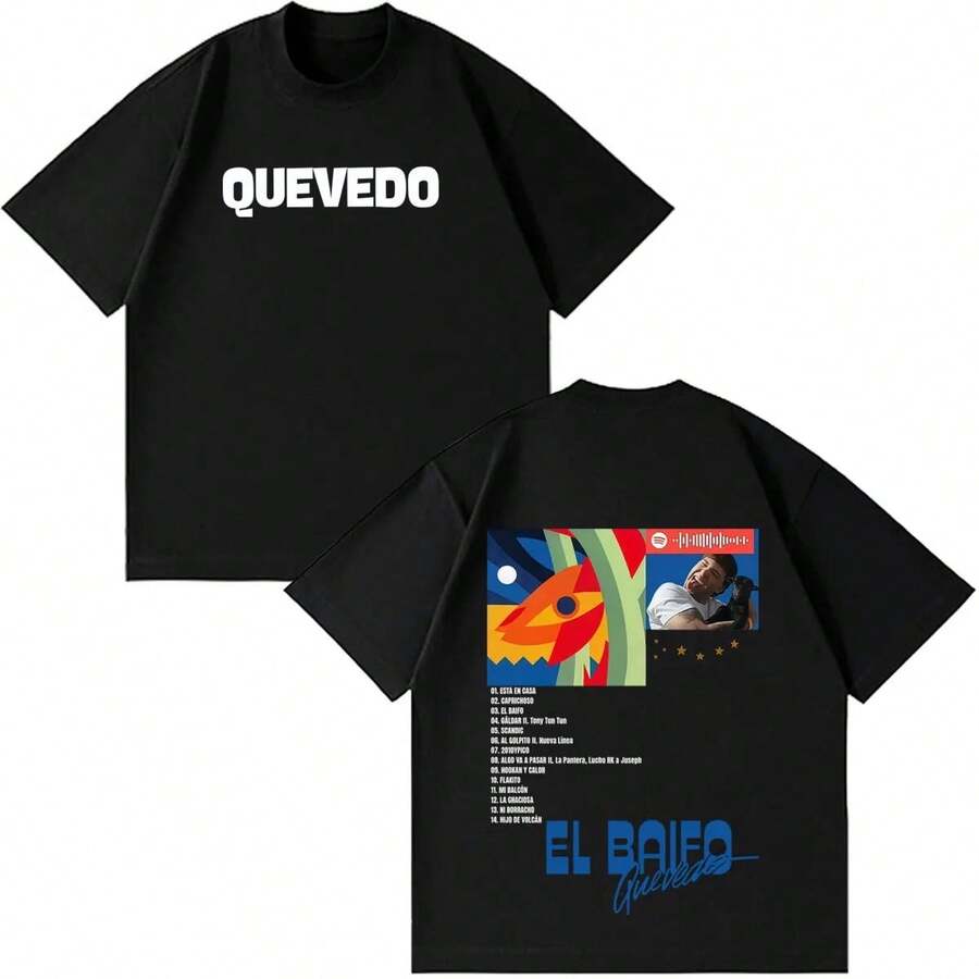 QUEVED0 EL BAIFO Album 2026 Tour Printed T-Shirt, For Men And Women, Hip-Hop Style, Short Sleeves, Cotton, Casual, Oversized, Aesthetic And . - Black - View 1