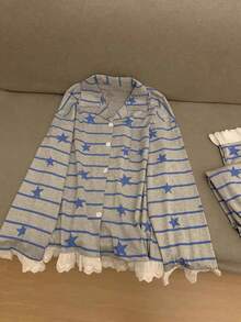 Set Piyama Wanita Motif Garis-Garis Pentagram Blok Warna, Musim Semi/Gugur, Hiasan Renda, Set Pakaian Santai yang Nyaman, Elegan - Grey - View 3