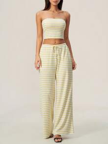 TimeOff Women's One Set Striped Strapless Bandeau Tank Top With Waist Drawstring And Side Pockets Wide Leg Pants 2 Pieces Set - Yellow - View 5
