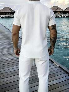2件組男士翻領鈕扣短袖上衣 + 鬆緊腰長褲睡衣家居服套裝 - 白色 - 查看 4