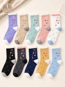 1/5/10pcs Women's Random Bow Heart Polka Dot Multi-Color Solid Minimalist Fashion Mid-Calf Socks, Soft Comfortable All-Season Versatile Preppy Casual Sports Suitable For Daily Wear, Gatherings And Outings - Multicolor - View 9