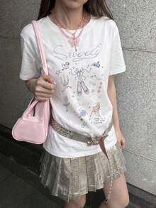 Y2K甜美風夏季新款女款圓領上衣 休閒自然田園花卉印花韓系甜美百搭寬鬆短袖T恤 - 白色 - 查看 1