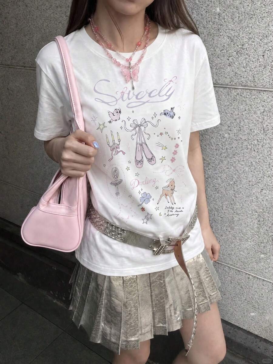 Y2K甜美風夏季新款女款圓領上衣 休閒自然田園花卉印花韓系甜美百搭寬鬆短袖T恤 - 白色 - 查看 1