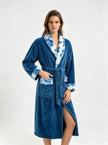 1 Stück Damen Paar Unisex Revers Jacquard einfarbiger Bademantel langer Morgenmantel Hausmantel Nachthemd Bademantel Korallenfleece weich saugfähig warm geeignet für Badezimmer Dusche Pool Hotel Ferienhaus Geschenk - Verschiedenfarbig - Übersicht 6