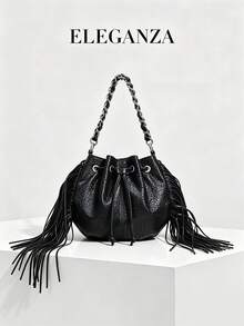 1pc Minimalist Shoulder Bag Featuring A Textured Finish And Black Tassel Detail; A Versatile Choice For Commuting That Works As A Crossbody, Handbag, Or Retro-Style Underarm Bag-Perfect For Pairing With Shirts, T-Shirts, Suits, Or Trench Coats. - Black - View 1
