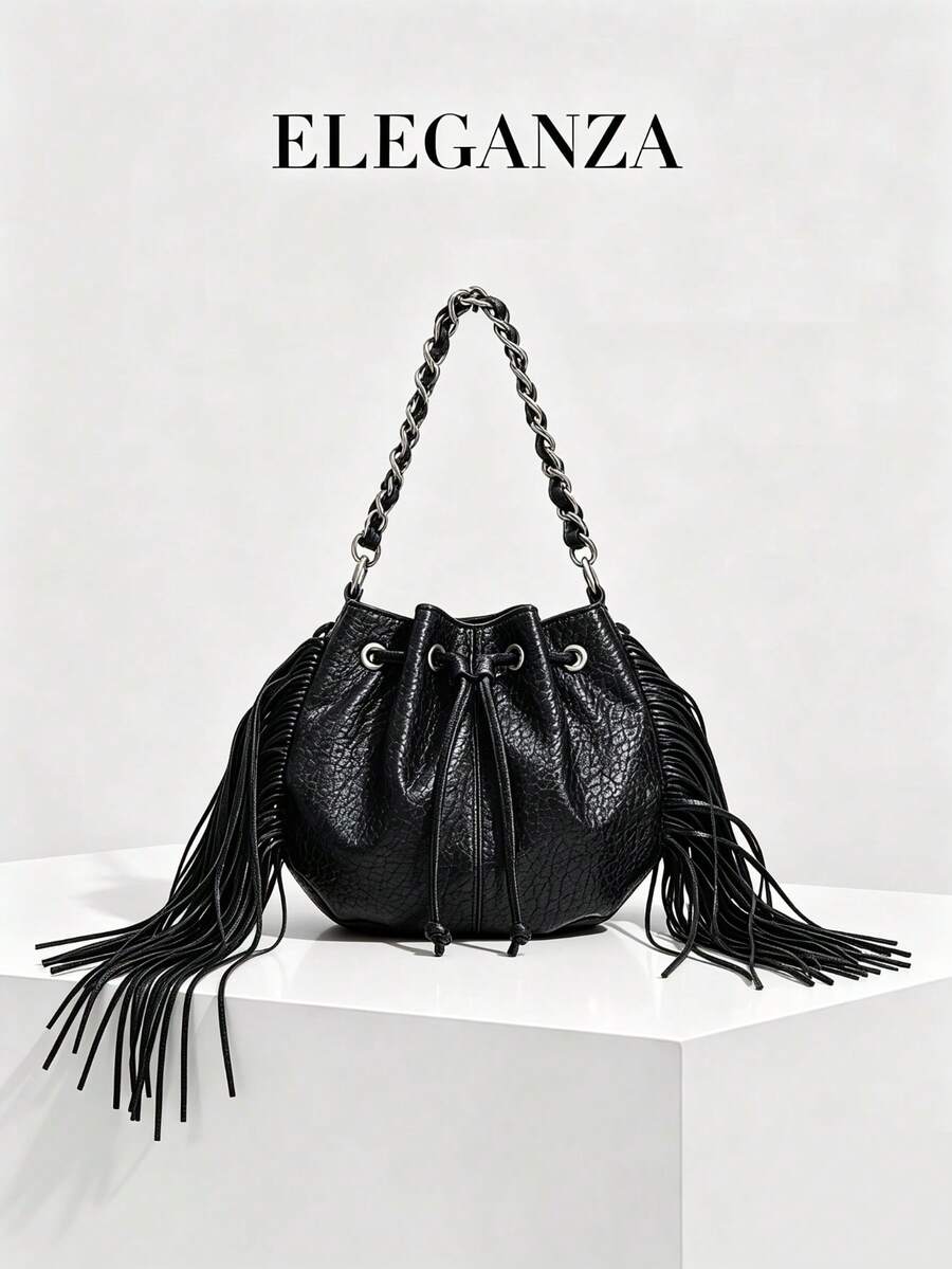 1pc Minimalist Shoulder Bag Featuring A Textured Finish And Black Tassel Detail; A Versatile Choice For Commuting That Works As A Crossbody, Handbag, Or Retro-Style Underarm Bag-Perfect For Pairing With Shirts, T-Shirts, Suits, Or Trench Coats. - Black - View 1