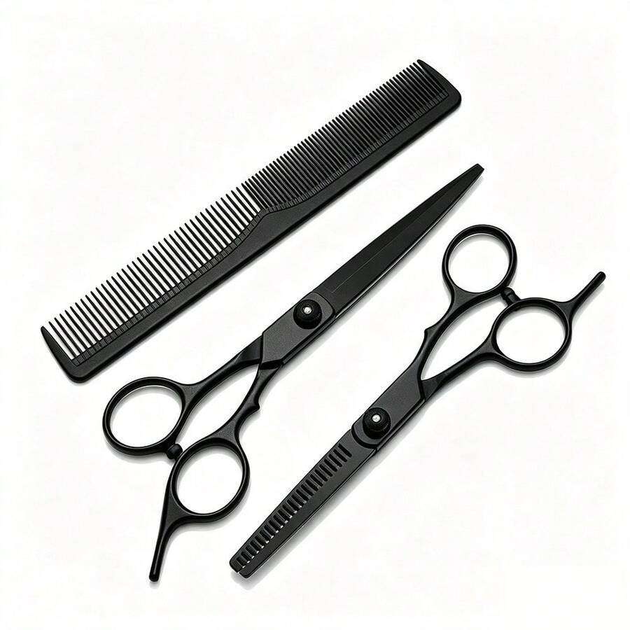 3Pcs Matte Black Hair Scissors Set,6.5 Inch Straight Cutting Shear & Thinning Scissors With Hair Comb,Ergonomic Handle Professional Barber Hairdressing Tools For Salon & Home Men Women Hair Trimming