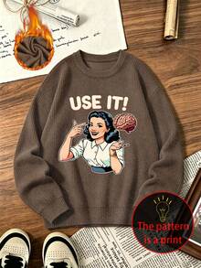 Plus-Size Women's Casual Round Neck Faux Knit Sweater With "Use It!" Print; A Stylish And Versatile Women's Top For Autumn And Winter Commuting. - Brown - View 4