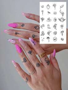 3PCS Herbal Juice Semi-Permanent Tattoo Stickers, Minimalist Mini Floral Animal Diamond Planet Patterns, 14-Day Long-Lasting, Music Festival Party Gift, Finger Body Temporary Tattoo Stickers - Blue - View 4